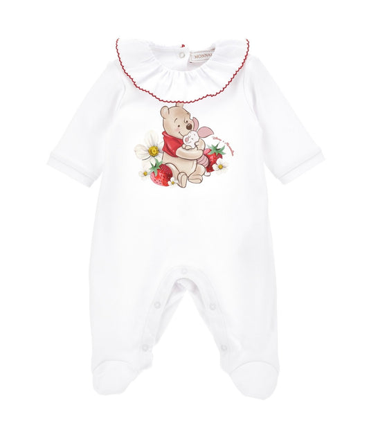 PRE ORDER - monnalisa white Winnie the Pooh strawberry frilled babygrow