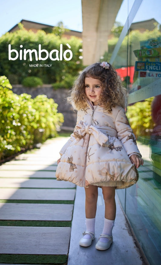 PRE ORDER - Bimbalo fur hood beige bow print coat