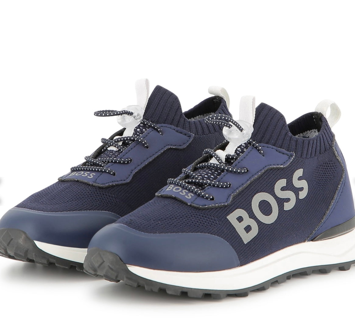 Boss Navy blue logo pull-on mesh trainers