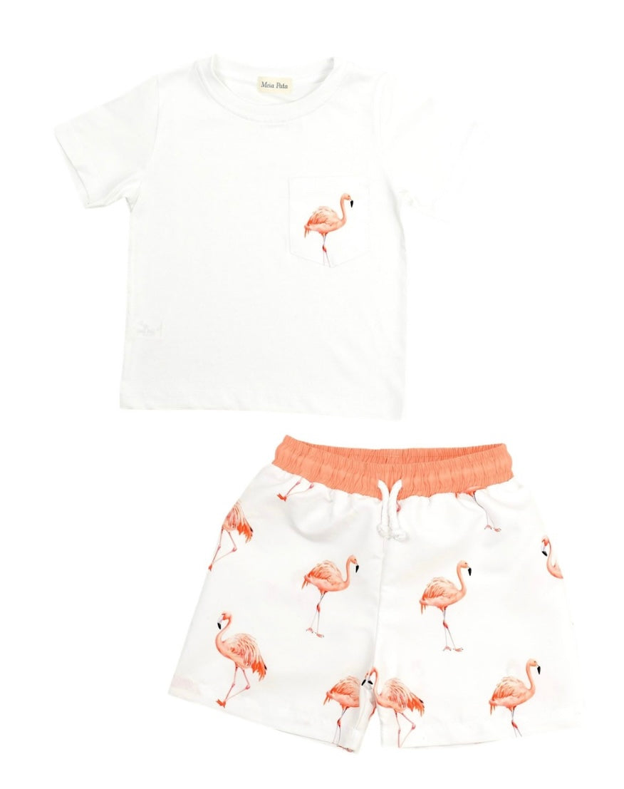 PRE ORDER - monnalisa boys flamingo trunk & T-shirt swim set
