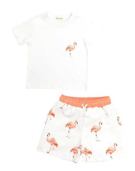 PRE ORDER - monnalisa boys flamingo trunk & T-shirt swim set