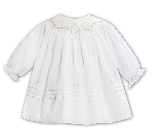 Sarah Louise ivory & beige smocked & flower embroidered dress