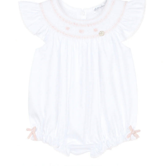 Deolinda white & pink bow smocked cotton romper