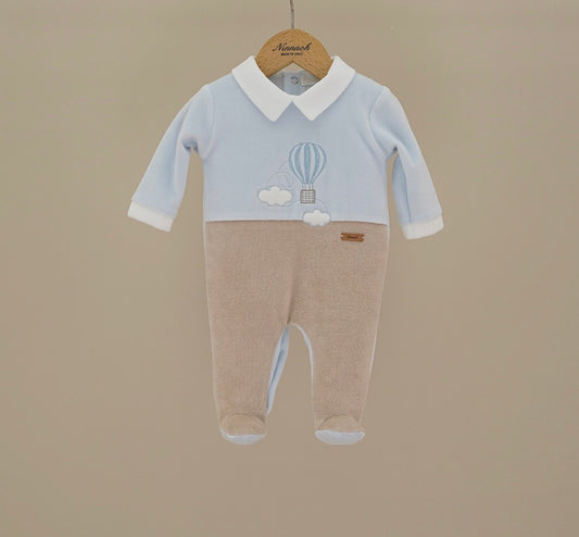 PRE ORDER - Ninnaoh blue & beige hot air balloon velour babygrow