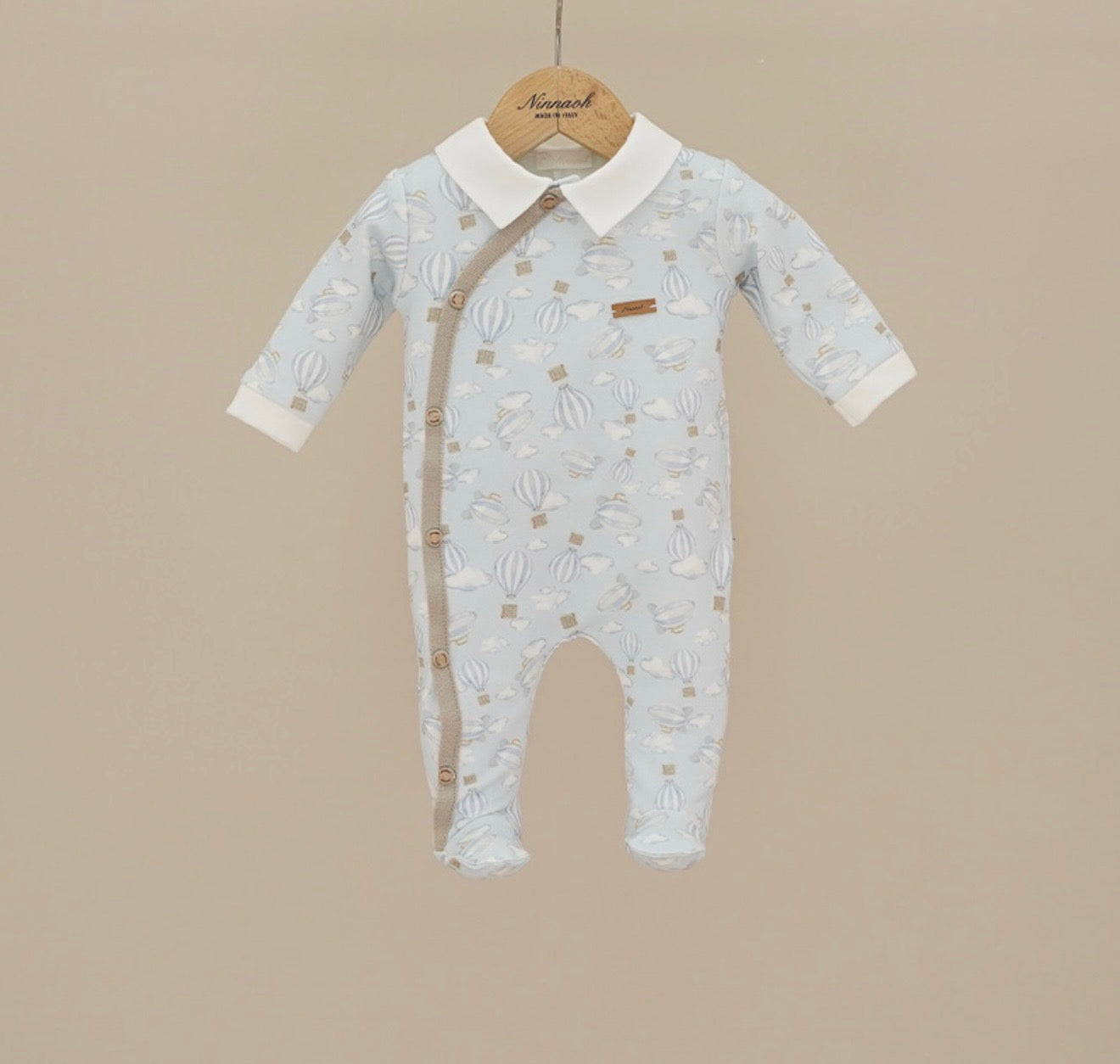 PRE ORDER - Ninnaoh blue hot air balloon & cloud babygrow
