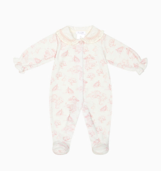 PRE ORDER - Deolinda pink toile print velour babygrow