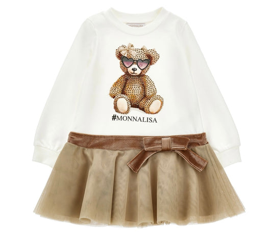 PRE ORDER - Monnalisa brown & white teddy tulle t-shirt dress