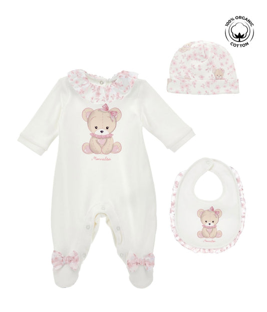 PRE ORDER - Monnalisa pink floral teddy babygrow 3 piece set
