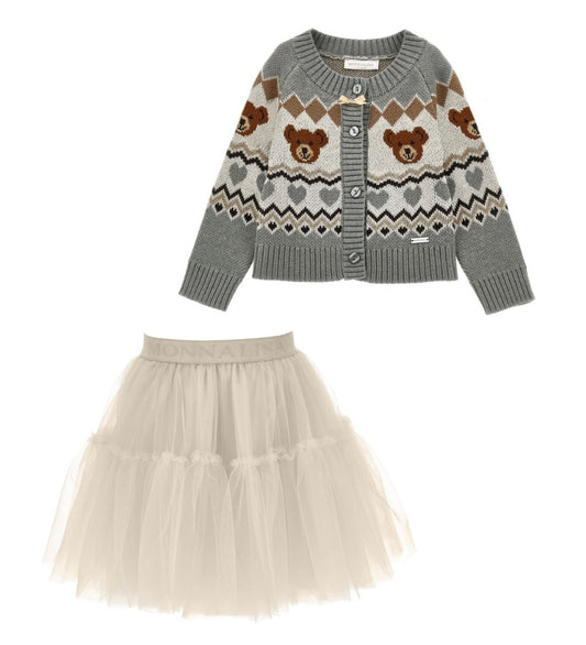 Monnalisa beige Teddy cardigan & tulle skirt set