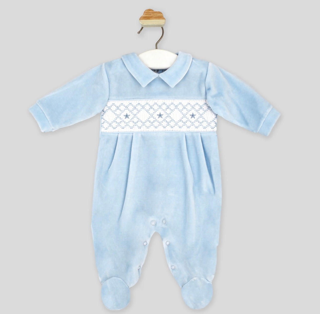 Rapife blue velour smocked baby grow