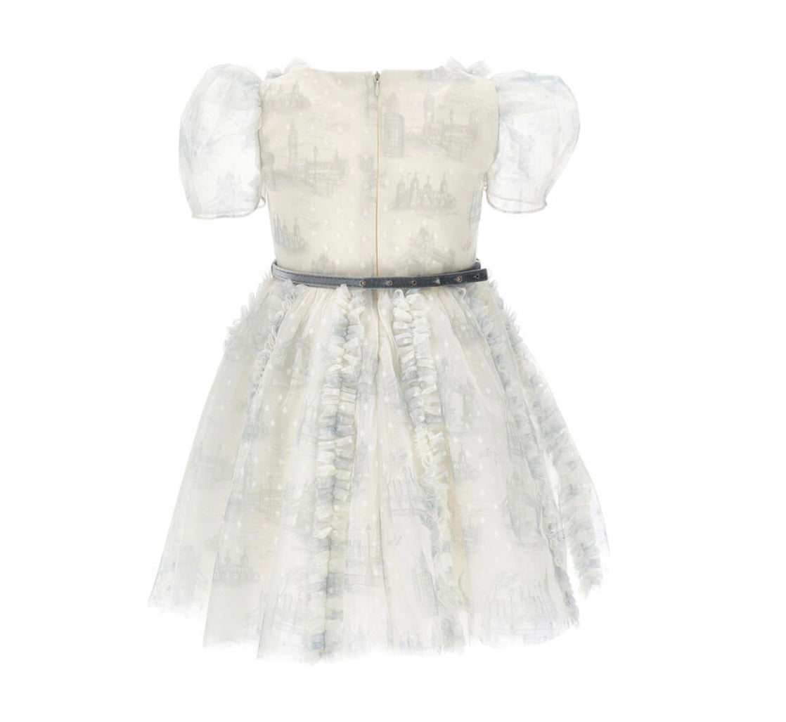 Monnalisa grey tulle & polka dot dress with belt