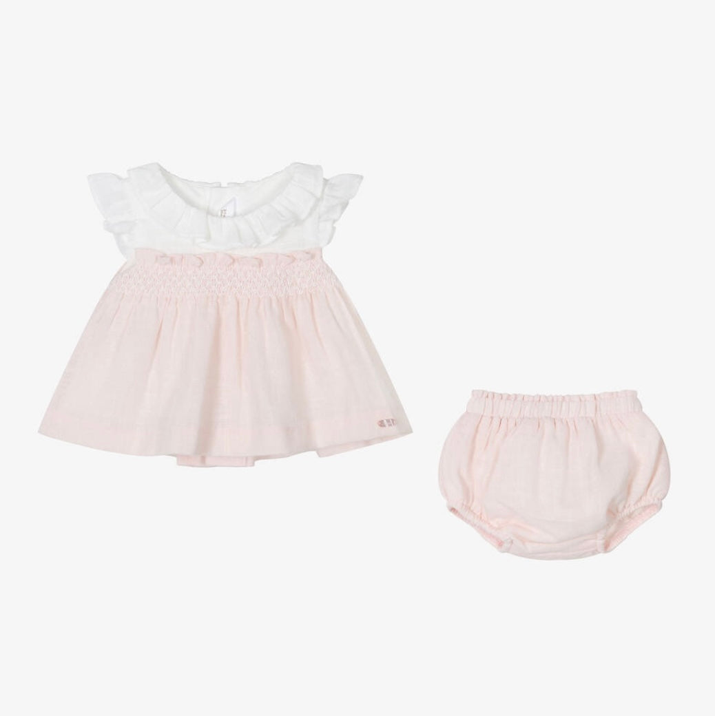 Mayoral pink and white smocked dress & pant set