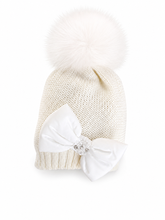 Bimbalo ivory bow fur Pom Pom hat
