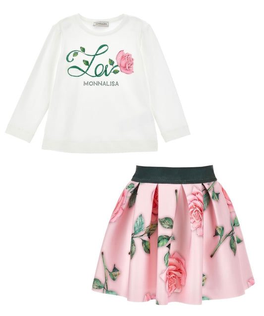 Monnalisa pink & green roses ‘love’ skirt set