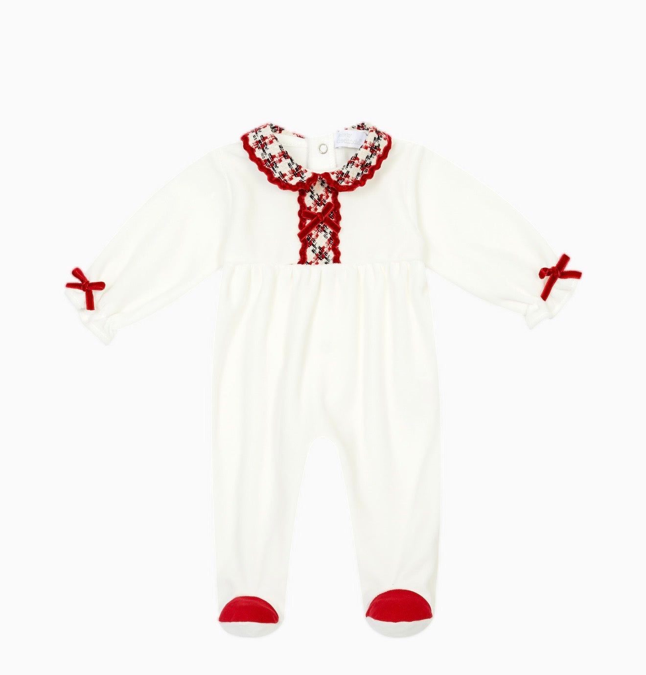 PRE ORDER - chic by Deolinda white & red check velour babygrow