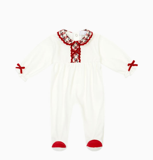 PRE ORDER - chic by Deolinda white & red check velour babygrow