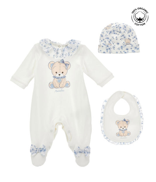 PRE ORDER - monnalisa blue floral teddy babygrow 3 piece set