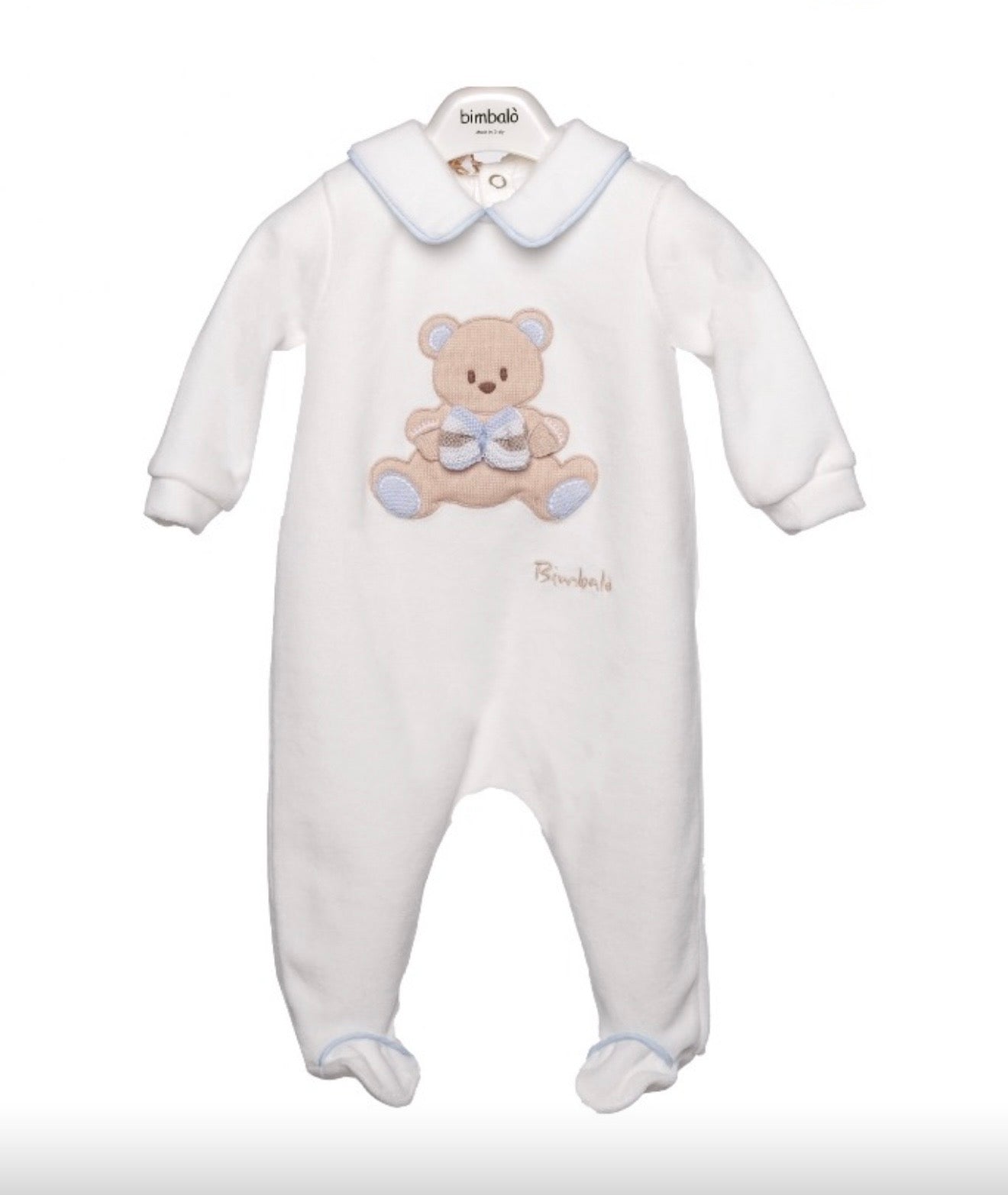 PRE ORDER - Bimbalo white & blue teddy babygrow