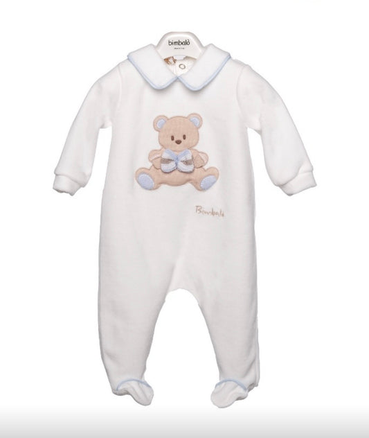 PRE ORDER - Bimbalo white & blue teddy babygrow