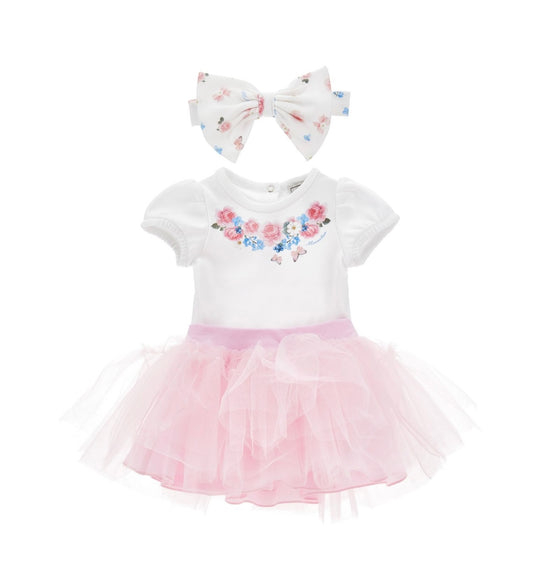 PRE ORDER - monnalisa pink & blue floral tulle skirt set and headband