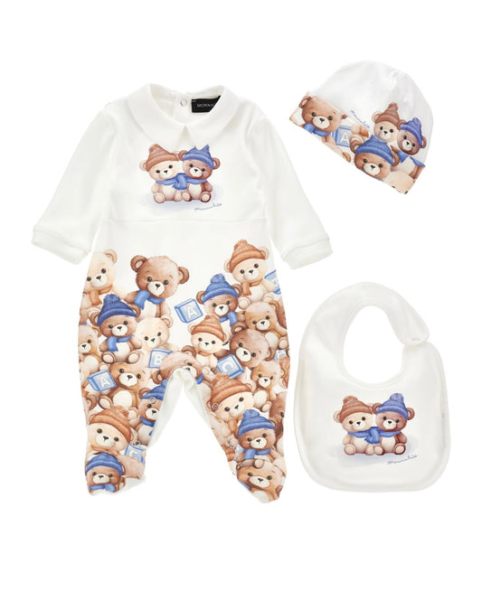 Monnalisa Teddy print babygrow 3 piece set - blue