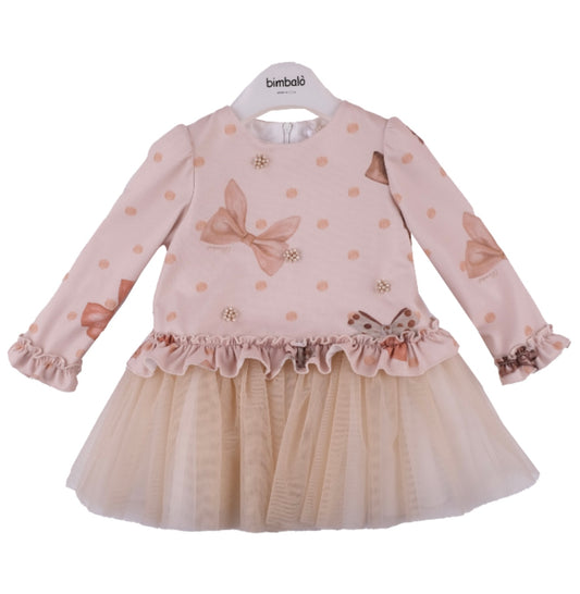 PRE ORDER - Bimbalo Beige tulle bow print dress