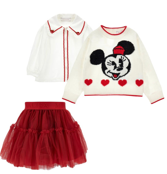Monnalisa Minnie Mouse jumper, blouse & tulle skirt set
