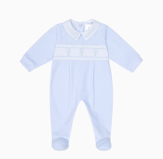 Deolinda blue velour air balloon smocked babygrow