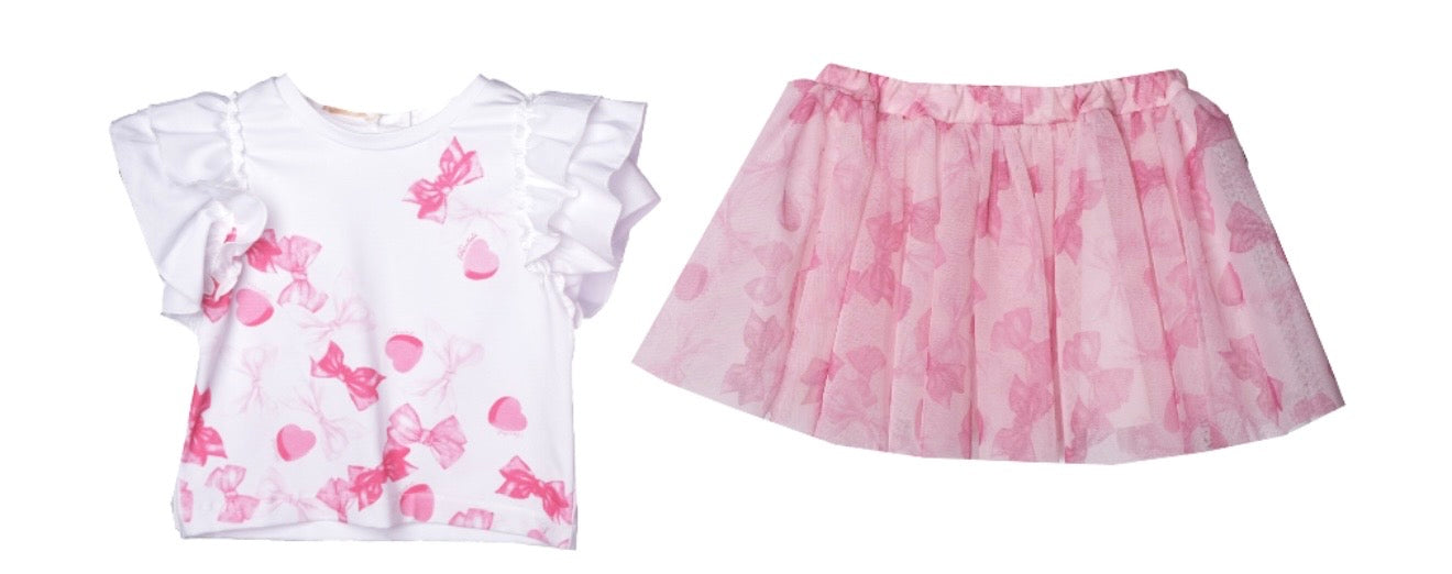 PRE ORDER - Bimbalo pink & white bow tulle skirt set
