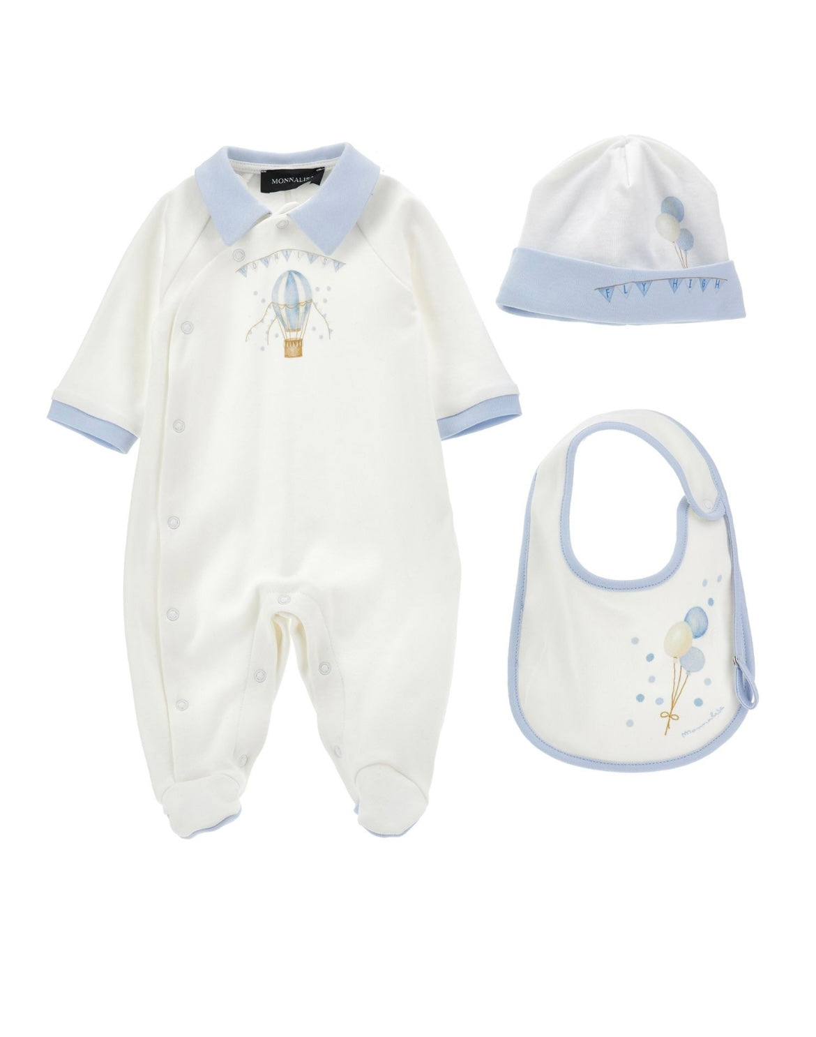 Monnalisa white & blue hot air balloon babygrow 3 piece set