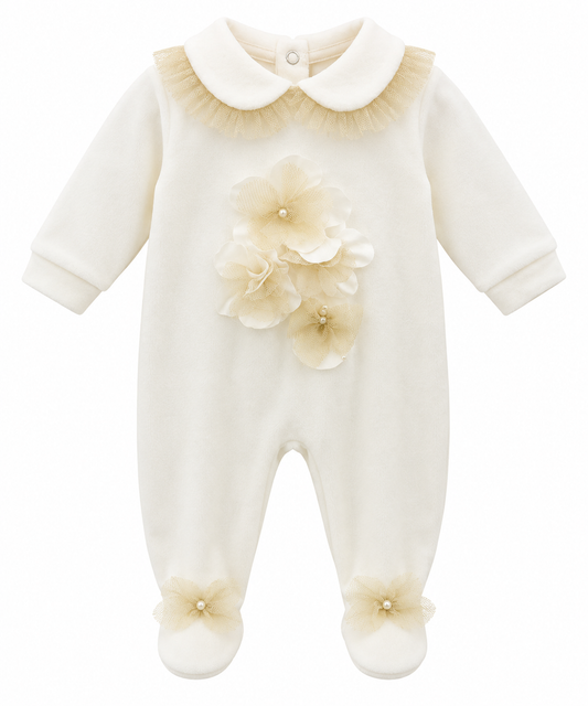Bimbalo gold & white velour flower appliqué babygrow