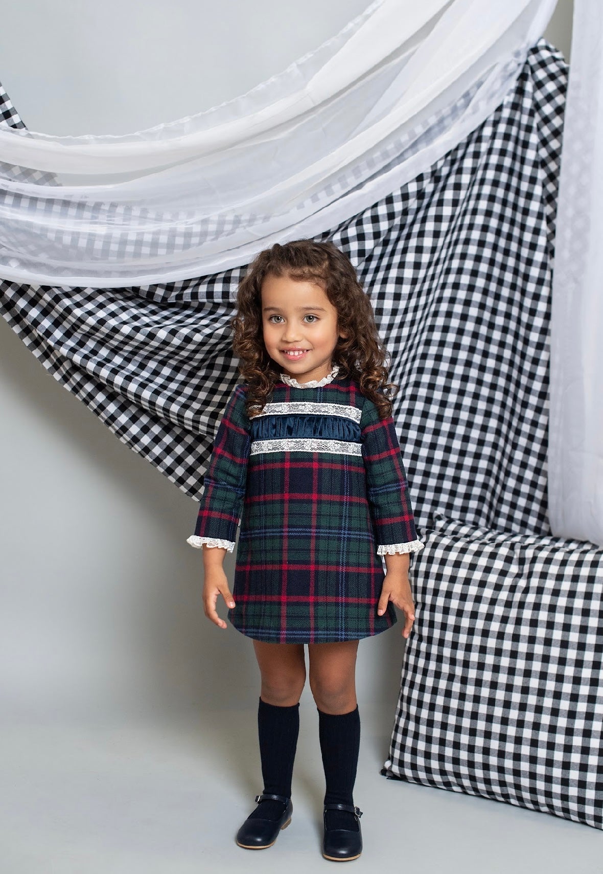 Foque girls navy blue tartan dress