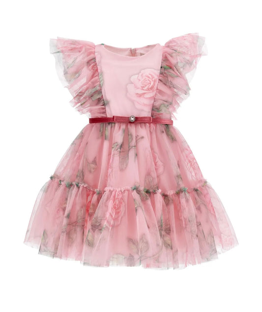 Monnalisa pink tulle rose belted dress