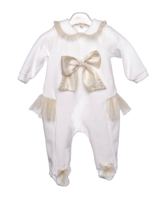 PRE ORDER - Bimbalo white & gold bow babygrow