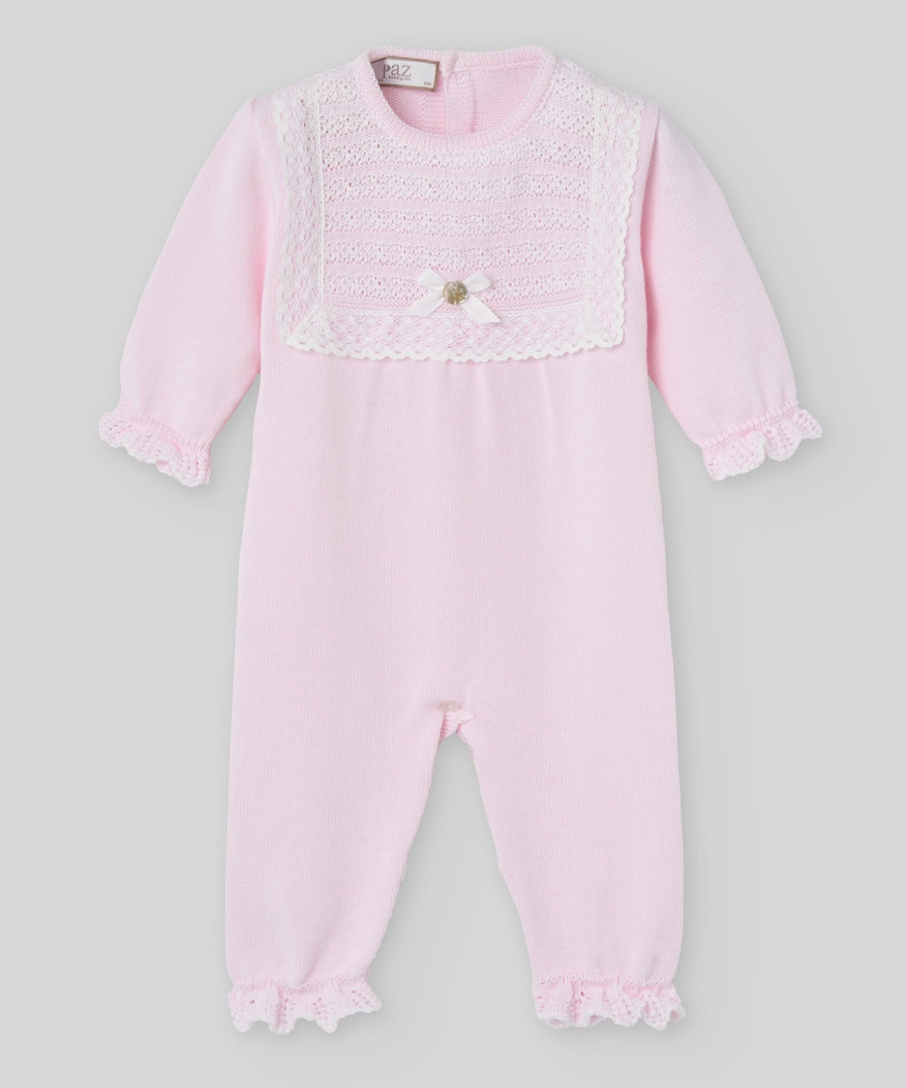 PRE ORDER - Paz baby pink knit lace bibbed baby grow