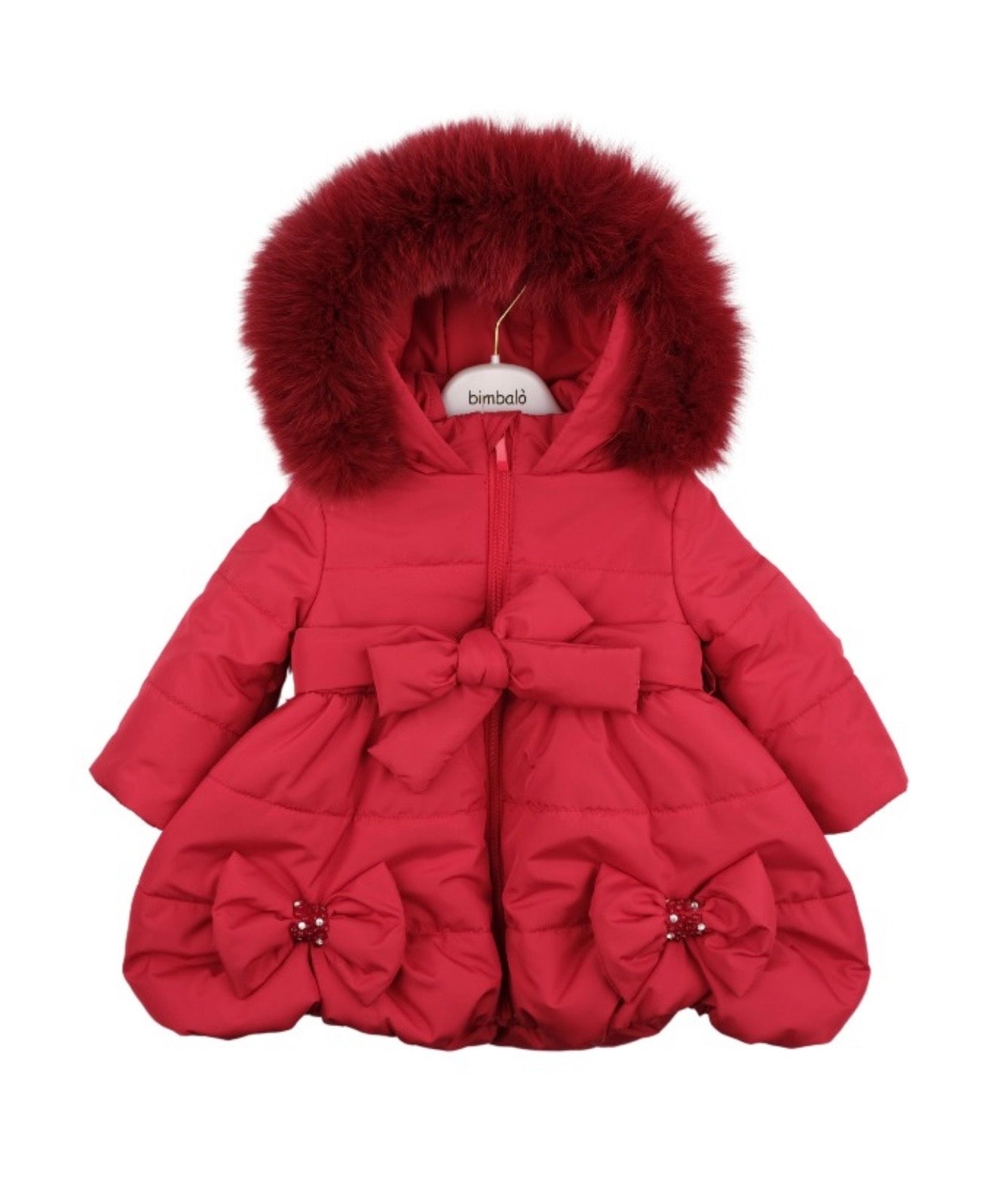 PRE ORDER - Bimbalo red bow diamanté fur hood puffer
