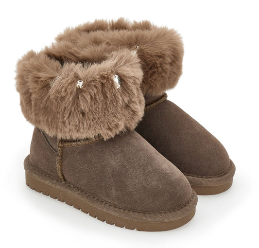Monnalisa Brown diamanté faux fur pull-on boots