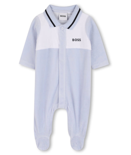 PRE ORDER - Boss velour pale blue & navy logo babygrow