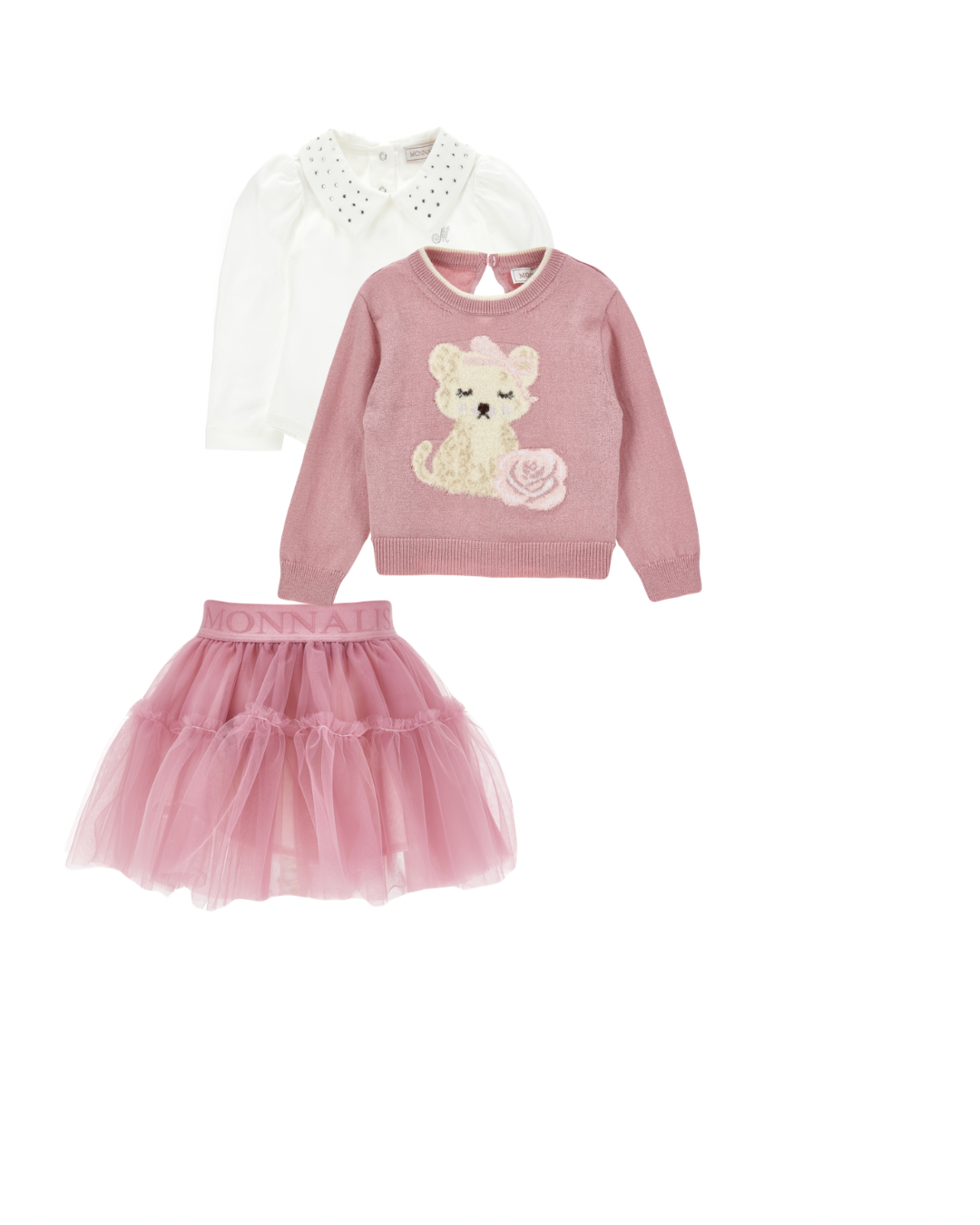 PRE ORDER - monnalisa baby girls pink teddy 3 piece tulle skirt set