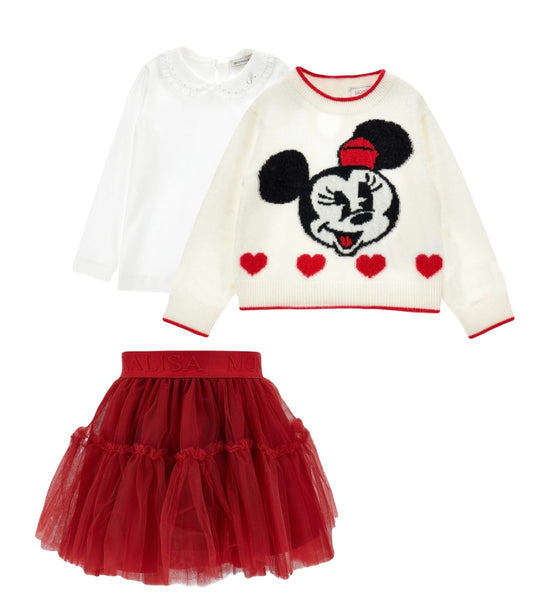 Monnalisa Minnie Mouse jumper, blouse & tulle skirt set
