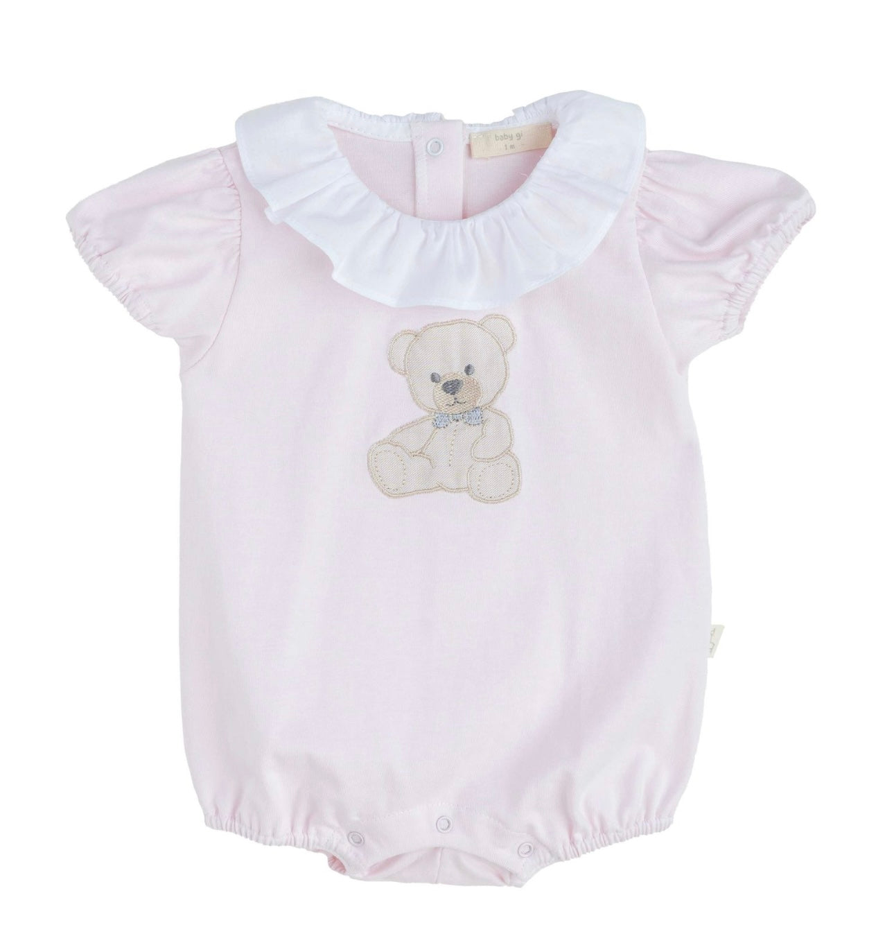 Baby Gi pink teddy bear frilled cotton romper