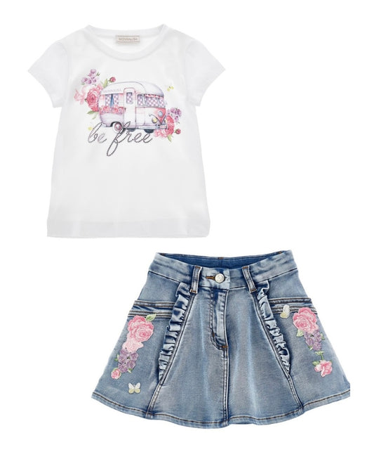 PRE ORDER - monnalisa pink & purple floral caravan denim skirt set