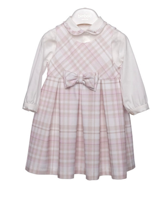 PRE ORDER - Bimbalo pink & beige check pinafore set