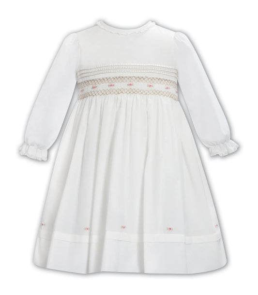 Sarah Louise ivory & beige smocked rosebud dress