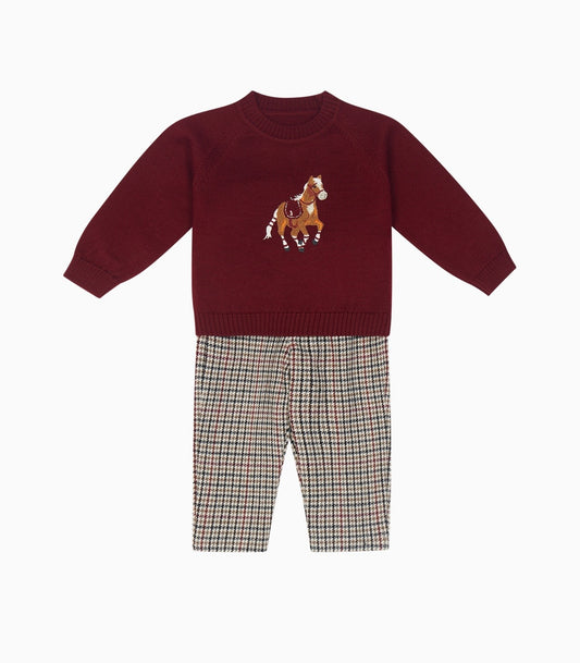PRE ORDER - Deolinda burgundy horse jumper & trouser set