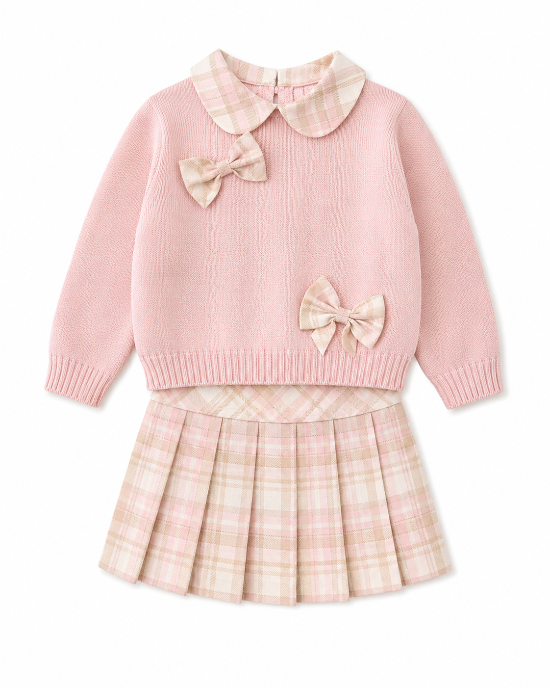 PRE ORDER - Bimbalo pink & beige bow kilt skirt set
