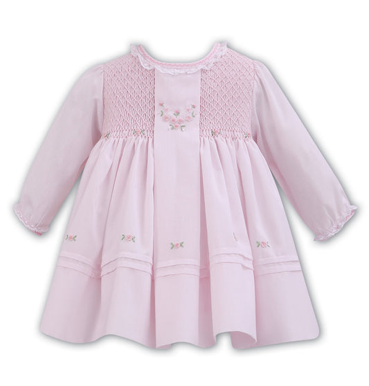 Sarah Louise pink smocked & flower embroidered dress