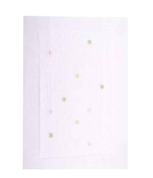 Bimbalo white & multi flower appliqué cotton knitted blanket