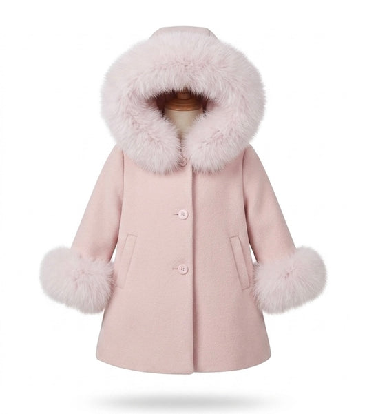 PRE ORDER - Bimbalo pink fur cuff & hood woven coat