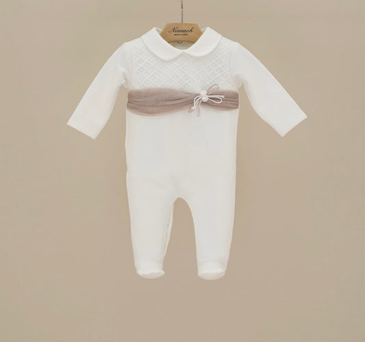 PRE ORDER - Ninnaoh beige sash lace babygrow